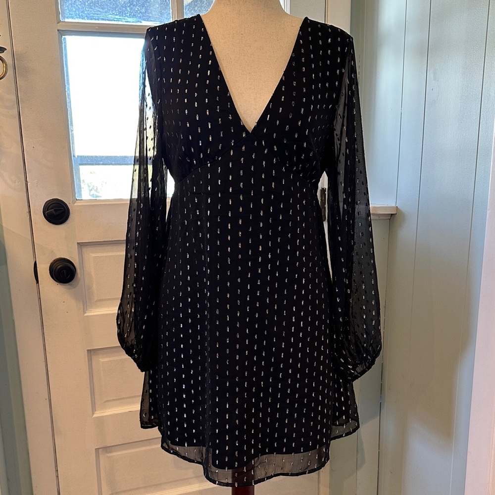 Black Sheer Long-Sleeve V-Neck Mini Dress with Silver Dot Detail